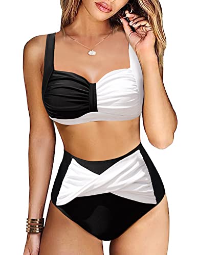 Vancavoo Bikini Damen Set High Waist Zweiteiliger Badeanzug Push Up Rüschen Einstellbar Bikinioberteil Bikini-Sets Bademode Curvy Swimsuit Beachwear,Schwarz weiß,XL von Vancavoo