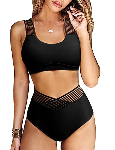 Vancavoo Bikini Damen Set High Waist Badeanzug Zweiteiliger Push Up Cross Back Bikinioberteil Breite Träger Bademode Swimsuit Beachwear,Schwarz-Gitter,M von Vancavoo