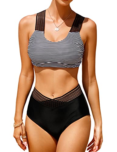 Vancavoo Bikini Damen Set High Waist Badeanzug Zweiteiliger Push Up Cross Back Bikinioberteil Breite Träger Bademode Swimsuit Beachwear,Schwarz Streifen,S von Vancavoo