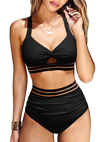 Vancavoo Bikini Damen Set High Waist Bauchweg Zweiteiliger Badeanzug Push Up Zurück kreuzen Bikini Bademode Swimsuit Beachwear,Schwarz,L von Vancavoo