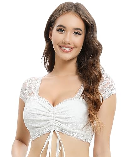 Vancavoo Dirndl Bluse Weiss Spitze Kurzarm Damen Dirndlblusen Transparent Elegante Trachtenbluse für Oktoberfest,Weiß-C,XXL von Vancavoo