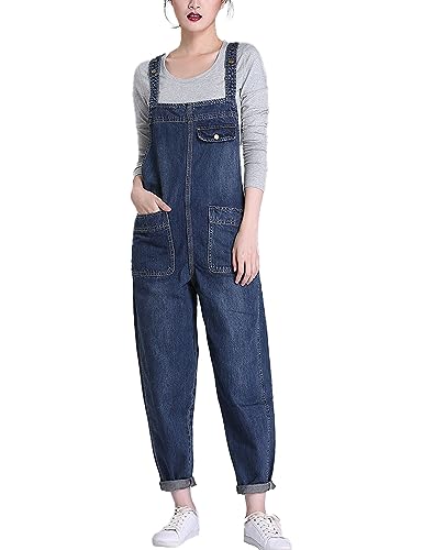 Vanchenl Damen Casual Loose Denim Latzhose Bib Verstellbare Jean Overalls Romper Jumpsuit Harem Hosen (Dunkelblau,L) von Vanchenl