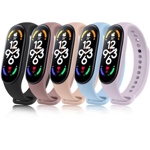 Vancle 5 Stück Armband für Xiaomi Mi Band 7 Damen Herren, weiche Silikonbänder, wasserdichte Sportarmbänder für Xiaomi Mi Smart Band 7, Schwarz / Rauchviolett / Rosa / Minzblau / Hellviolett von Vancle