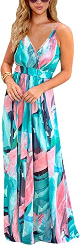 Vangreynve Damen Blumen Kleid Ärmellos V-Ausschnitt Sommerkleider Boho Swing Strandkleid Lang Blau S von Vangreynve