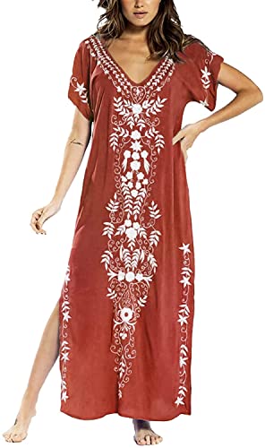 Mafa Damen Strandkleid Maxi Kaftan Boho Strandponcho Lange Bikini Cover Ups Sommerkleid Maxikleid One Size (one Size/Länge:135cm Büste:120cm, Rot gestickt) von Vangreynve