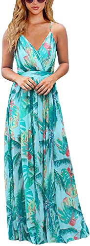 Vangreynve Damen Blumen Kleid Ärmellos V-Ausschnitt Sommerkleider Boho Swing Strandkleid Lang Blau 1 L von Vangreynve