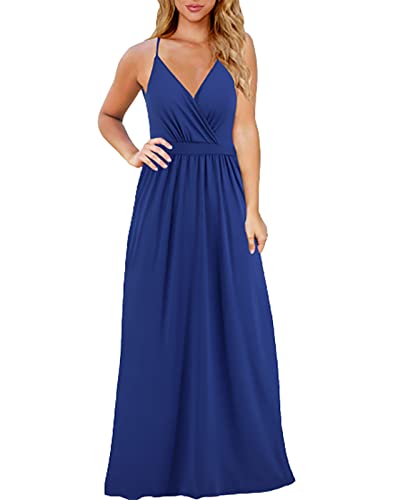 Vangreynve Damen Blumen Kleid Ärmellos V-Ausschnitt Sommerkleider Boho Swing Strandkleid Lang Blau 2 L von Vangreynve