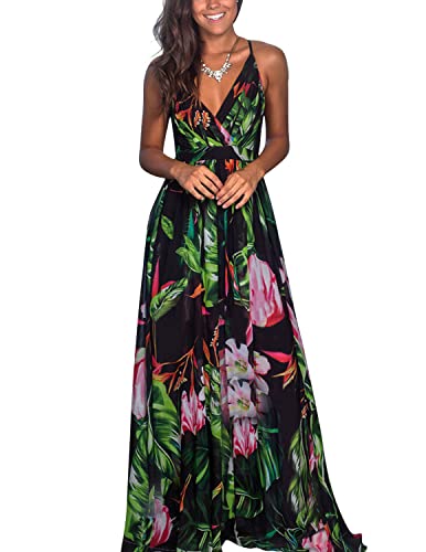 Vangreynve Damen Blumen Kleid Ärmellos V-Ausschnitt Sommerkleider Boho Swing Strandkleid Lang Grün L von Vangreynve