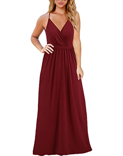 Vangreynve Damen Blumen Kleid Ärmellos V-Ausschnitt Sommerkleider Boho Swing Strandkleid Lang Rot 1 S von Vangreynve