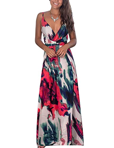 Vangreynve Damen Blumen Kleid Ärmellos V-Ausschnitt Sommerkleider Boho Swing Strandkleid Lang Rot XL von Vangreynve