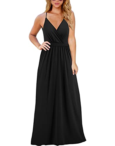 Vangreynve Damen Blumen Kleid Ärmellos V-Ausschnitt Sommerkleider Boho Swing Strandkleid Lang Schwarz M von Vangreynve