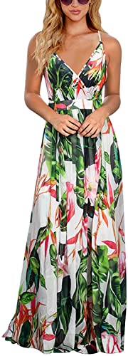 Vangreynve Damen Blumen Kleid Ärmellos V-Ausschnitt Sommerkleider Boho Swing Strandkleid Lang Weiß M von Vangreynve