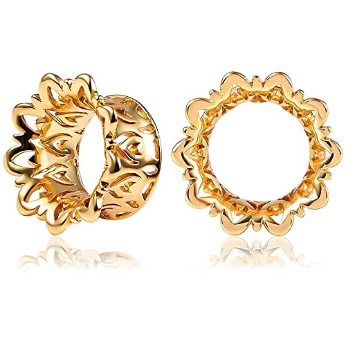 Vankula Ohr Tunnel 1 Paar Double Flared Flesh Plugs Hohl Blume Edelstahl für männer damen Ohrpiercing Gestreckte Schmuck 10mm(00G) Gold von Vankula