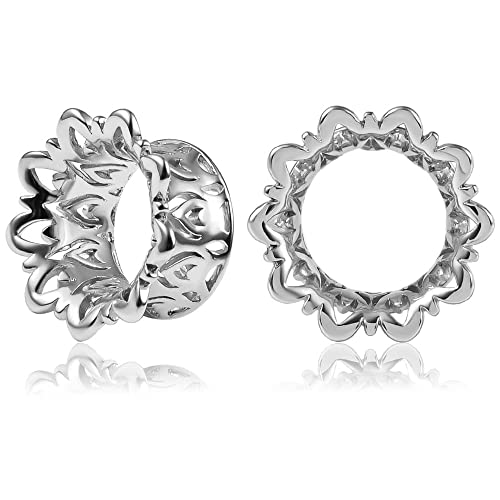 Vankula Ohr Tunnel 1 Paar Double Flared Flesh Plugs Hohl Blume Edelstahl für männer damen Ohrpiercing Gestreckte Schmuck 10mm(00G) Silber von Vankula