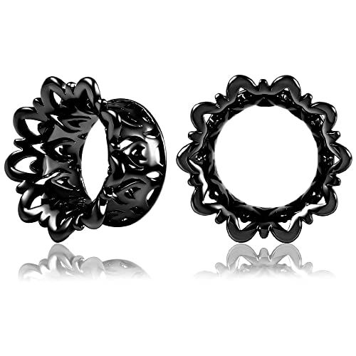 Vankula Ohr Tunnel 1 Paar Double Flared Flesh Plugs Hohl Blume Edelstahl für männer damen Ohrpiercing Gestreckte Schmuck 12mm(1/2") Schwarz von Vankula