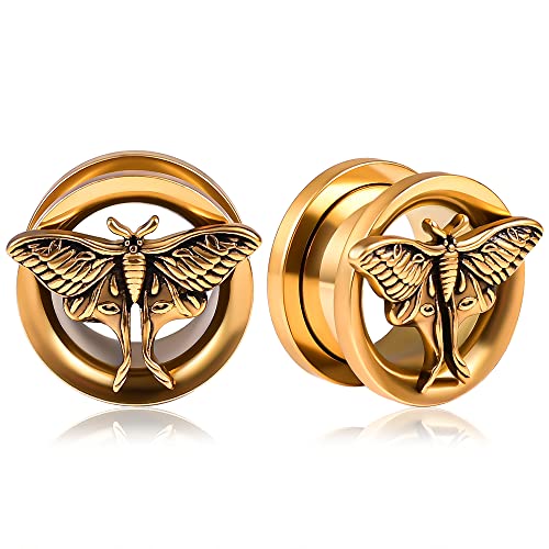 Vankula Ohr Tunnel 1 Paar Double Flared Flesh Plugs Schmetterling Edelstahl für männer damen Ohrpiercing Gestreckte Schmuck 14mm(9/16") Gold von Vankula