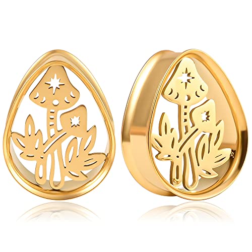 Vankula Ohr Tunnel 1 Paar Double Flared Flesh Plugs Tropfen Flor Edelstahl für männer damen Ohrpiercing Gestreckte Schmuck 12mm(1/2") Flor Gold von Vankula