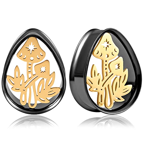 Vankula Ohr Tunnel 1 Paar Double Flared Flesh Plugs Tropfen Flor Edelstahl für männer damen Ohrpiercing Gestreckte Schmuck 19mm(3/4") Flor Schwarz Gold von Vankula