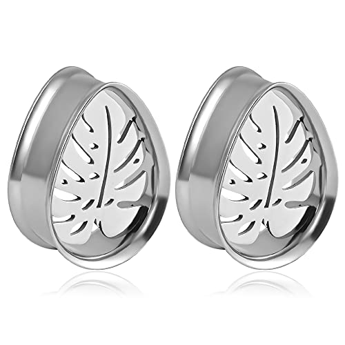 Vankula Ohr Tunnel 1 Paar Double Flared Flesh Plugs Tropfen Monstera Edelstahl für männer damen Ohrpiercing Gestreckte Schmuck 14mm(9/16") Monstera Silber von Vankula