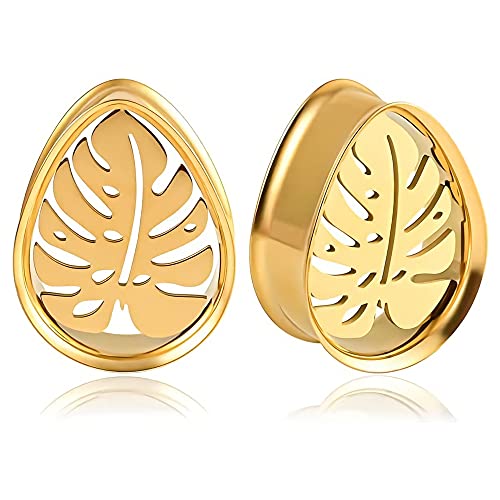 Vankula Ohr Tunnel 1 Paar Double Flared Flesh Plugs Tropfen Monstera Edelstahl für männer damen Ohrpiercing Gestreckte Schmuck 25mm(1") Monstera Gold von Vankula