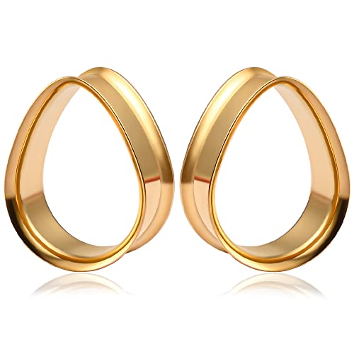 Vankula Ohr Tunnel 1 Paar Double Flared Flesh Plugs Tropfenform Edelstahl für männer damen Ohrpiercing Schmuck 10mm(00G) Gold von Vankula