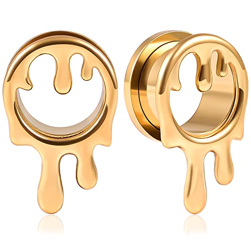 Vankula Ohr Tunnel 1 Paar Double Flared Flesh Plugs Wassertropfen Edelstahl für männer damen Ohrpiercing Schmuck 16mm(5/8") Gold von Vankula