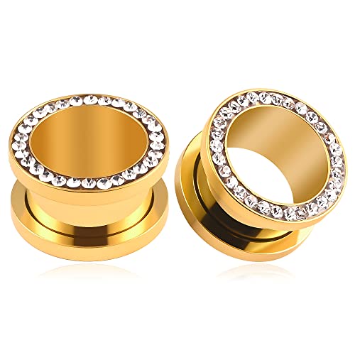 Vankula Ohr Tunnel 1 Paar Double Flared Flesh Plugs mit steinchen Edelstahl für männer damen Ohrpiercing Schmuck 25mm(1") Gold von Vankula