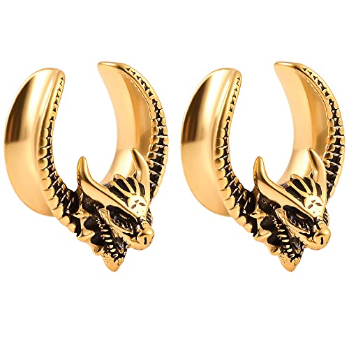 Vankula Ohr Tunnel 1 Paar Saddles Flesh Plugs Drache Edelstahl für männer damen Ohrpiercing Gestreckte Schmuck 10mm(00G) Gold von Vankula