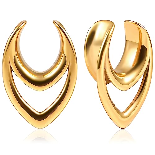 Vankula Ohr Tunnel 1 Paar Saddles Flesh Plugs Hohl Tropfen Edelstahl für männer damen Ohrpiercing Gestreckte Schmuck 10mm(00G) Gold von Vankula