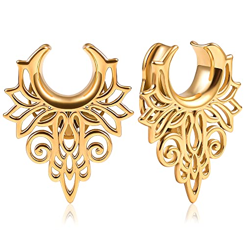 Vankula Ohr Tunnel 1 Paar Saddles Flesh Plugs Hohle Edelstahl für männer damen Ohrpiercing Gestreckte Schmuck 10mm(00G) Style 5 Gold von Vankula