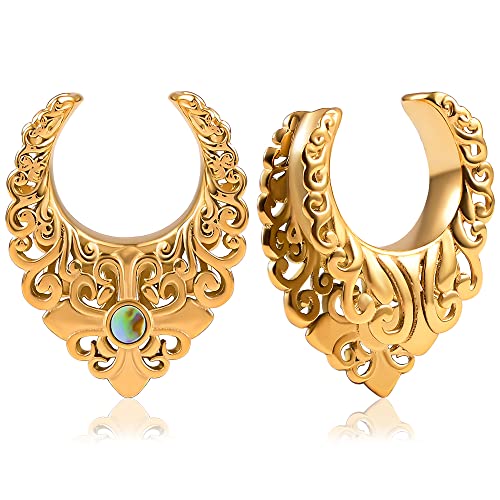 Vankula Ohr Tunnel 1 Paar Saddles Flesh Plugs Hohle Edelstahl für männer damen Ohrpiercing Gestreckte Schmuck 14mm(9/16") Style 1 Gold von Vankula