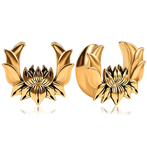 Vankula Ohr Tunnel 1 Paar Saddles Flesh Plugs Lotus Edelstahl für männer damen Ohrpiercing Gestreckte Schmuck 12mm(1/2") Gold von Vankula