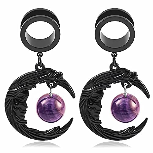 Vankula Ohr Tunnel mit anhänger 1 Paar Double Flared Flesh Plugs Mond Edelstahl für männer damen Ohrpiercing Schmuck 12mm(1/2") Schwarz von Vankula