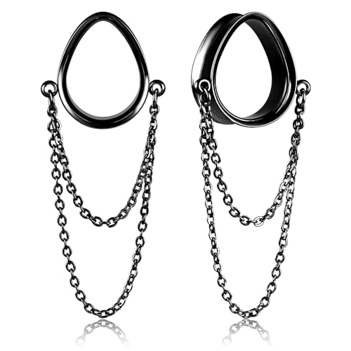 Vankula Ohr Tunnel mit anhänger 1 Paar Double Flared Flesh Plugs Tropfenförmige mit Kette Edelstahl für männer damen Ohrpiercing Schmuck 25mm(1") Schwarz von Vankula