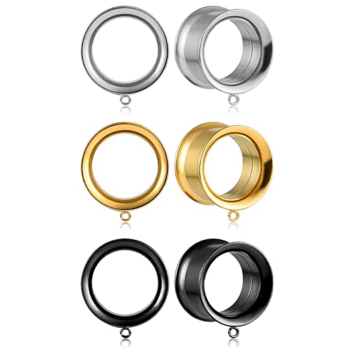 Vankula Ohr Tunnel mit anhänger 3 Paar/ 6 Stk Double Flared Flesh Plug Edelstahl für männer damen Ohrpiercing Gestreckte Schmuck 10mm(00G) Schwarz Gold Silber 1 von Vankula