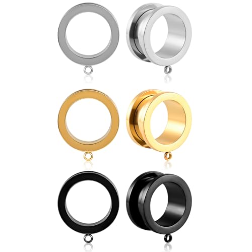 Vankula Ohr Tunnel mit anhänger 3 Paar/ 6 Stk Double Flared Flesh Plug Edelstahl für männer damen Ohrpiercing Gestreckte Schmuck 10mm(00G) Schwarz Gold Silber von Vankula