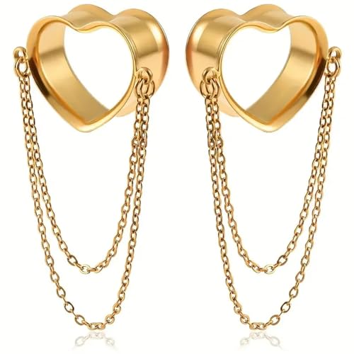 Vankula Ohr Tunnel mit anhänger Double Flared Flesh Plug Herz mit Kette Edelstahl für männer damen Ohrpiercing Gestreckte Schmuck 14mm(9/16") Gold von Vankula