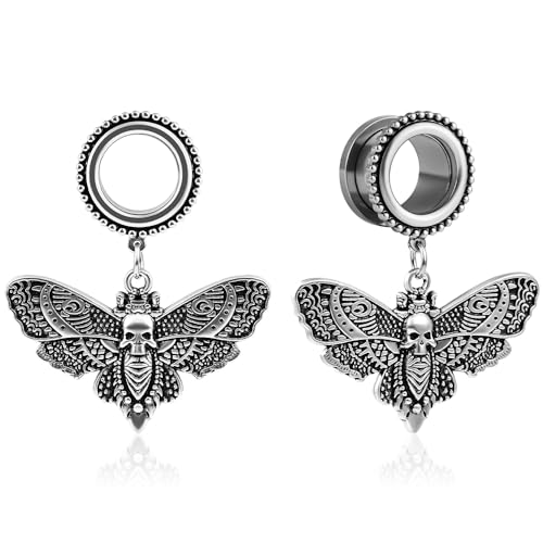 Vankula Ohr Tunnel mit anhänger Double Flared Flesh Plug Motte Edelstahl für männer damen Ohrpiercing Gestreckte Schmuck 10mm(00G) Silber von Vankula