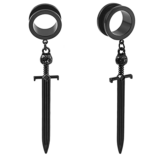 Vankula Ohr Tunnel mit anhänger Double Flared Flesh Plug Schwert Edelstahl für männer damen Ohrpiercing Gestreckte Schmuck 10mm(00G) Schwarz von Vankula