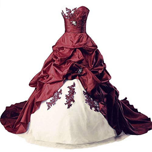 Vantexi Damen Lange Formales Gotisch Brautkleider Spitzenkleid Vintage Hochzeitskleider Elfenbein & Burgund Größe 36 von Vantexi