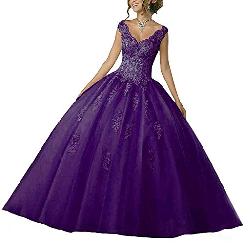 Vantexi Damen V-Ausschnitt Quinceanera Kleider Mit Spitze Abendkleider Lang Hochzeitskleider Elegant Ballkleid Traube Größe 38 von Vantexi