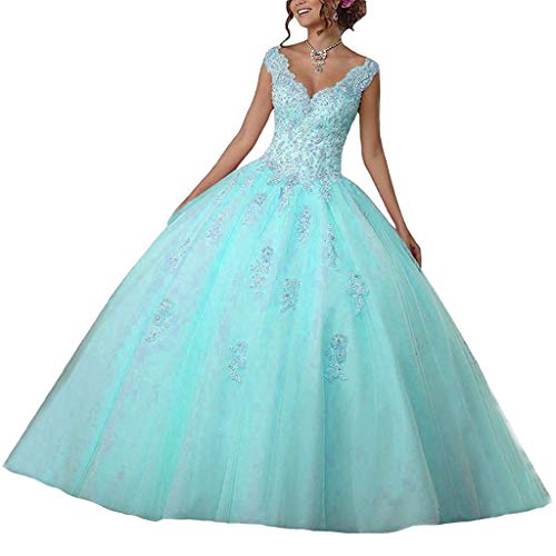 Vantexi Damen V-Ausschnitt Quinceanera Kleider Mit Spitze Abendkleider Lang Hochzeitskleider Elegant Ballkleid Türkis Größe 34 von Vantexi