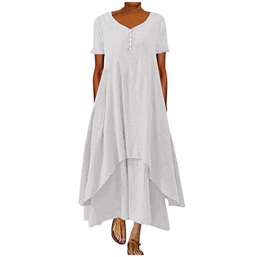 kleid damen sommer wickelkleid damen etuikleid damen langarm Einfarbig V-Ausschnitt Kurzarm Zweilagiger Kleider Leinenkleider mit Knöpfen Lässige Hohe Taille Faltenkleider jeanskleid (Weiss, XL) von Vasreyy