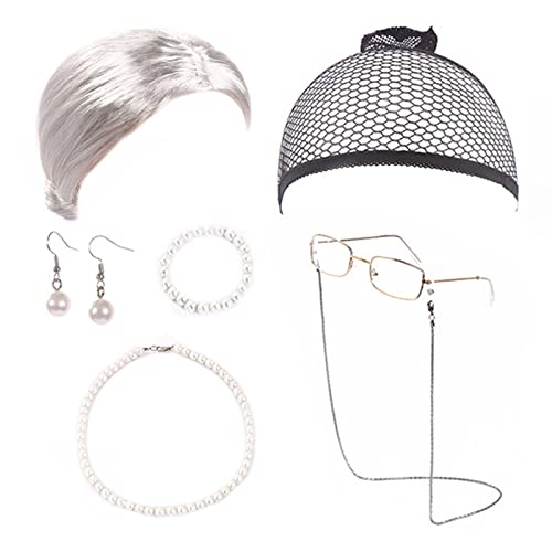 Vastsea 7 Stück Oma Perücke Kostüm Accessoire Set, Old Lady Kostüm Set, Alte Dame Cosplay Set, Oma Brille mit Perlen Armband Perlenkette Zubehör, für Halloween Karneval Fasching Deko (Silber) von Vastsea