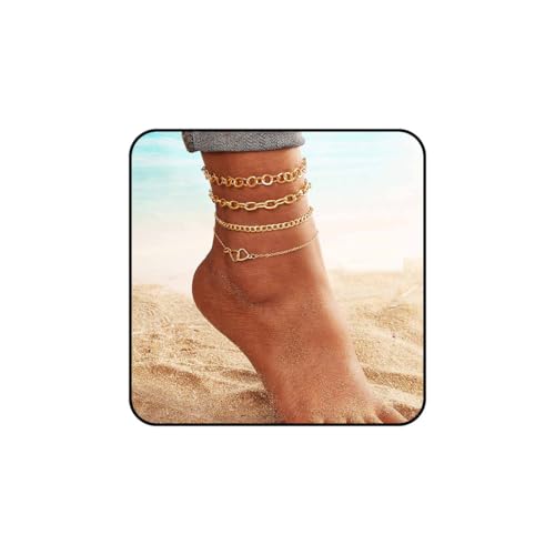 Vatocu Boho Layered Gold Fußkettchen Herz Fussketten Armbänder 4 Stück Strand Fußketten für Frauen von Vatocu