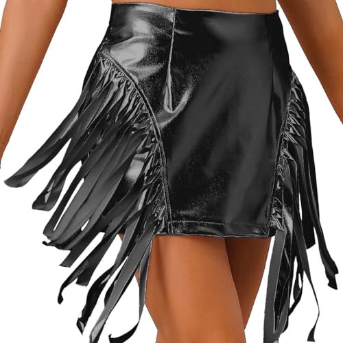 Vatocu Damen Kunstlederrock Quastenrock Dehnbarer Reißverschluss Minirock Hohe Taille Metallischer Rocks Rave Outfit Party Festival für Frauen (L, Schwarz) von Vatocu