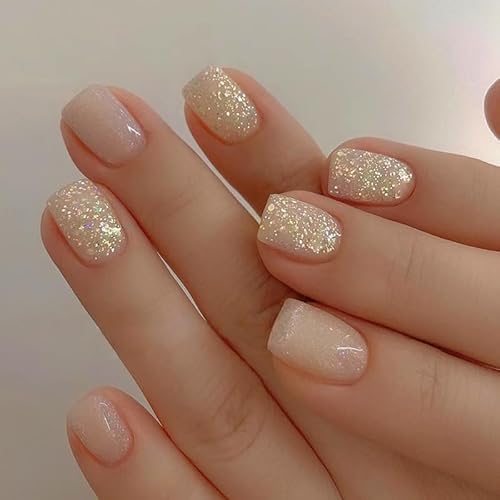 Vatocu Französische künstliche Nägel kurz Weiß gold zum Aufdrücken Nägel glitzernde künstliche Nägel Bling glänzendes Acryl zum Aufkleben auf Nägeln für Frauen und Mädchen (24 Stück) von Vatocu