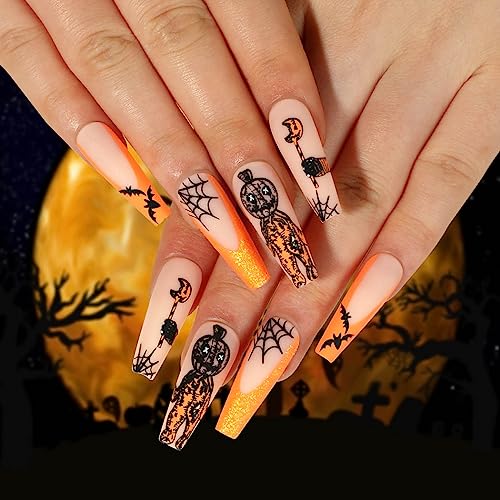 Vatocu Halloween Nägel Zum Aufkleben Lang Schwarz Rot Künstliche Nägel Schädel Blut Falsche Nägel Geist Acryl Press on Nails für Frauen und Mädchen (24 Stück) (Halloween D) von Vatocu