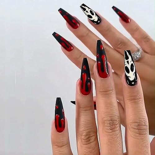 Vatocu Halloween Nägel Zum Aufkleben Lang Schwarz Rot Künstliche Nägel Schädel Blut Falsche Nägel Geist Acryl Press on Nails für Frauen und Mädchen (24 Stück) (Halloween A) von Vatocu