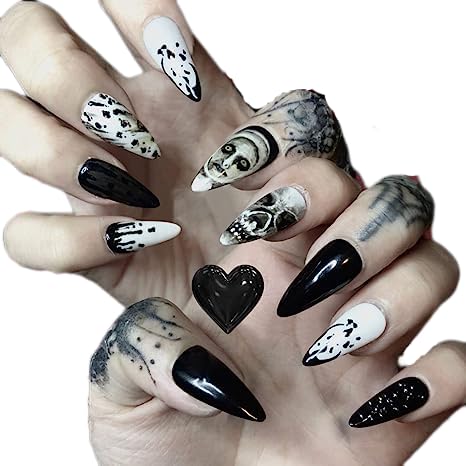 Vatocu Halloween Nägel Zum Aufkleben Lang Schwarz Rot Künstliche Nägel Schädel Blut Falsche Nägel Geist Acryl Press on Nails für Frauen und Mädchen (24 Stück) (Halloween F) von Vatocu